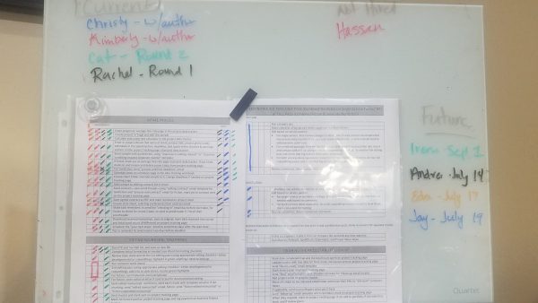 Wipe Clean Board Checklists Photo of a wipe clean board with colour coded words and printed checklists on it.